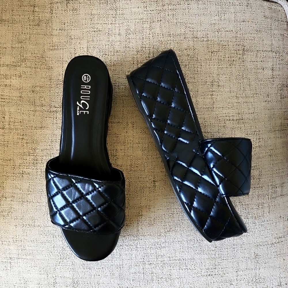 Black Quilted Platform Open-Toe Slide Sandals